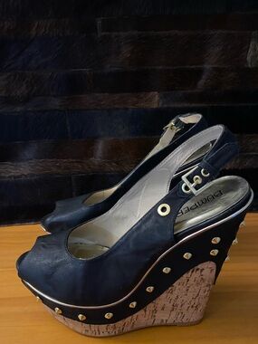 Bumper Black Slingback Peep-Toe/Cork Platform Wedges(3)